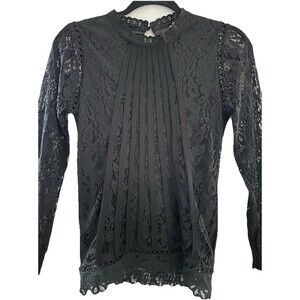 🖤Black Lace Blouse Womens S Victorian High Neck Pleated Gothic Boho Top